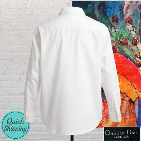 Christian Dior Mens 17x34 White Designer Dress Shirt Concealed Hidden Button - Picture 3 of 16